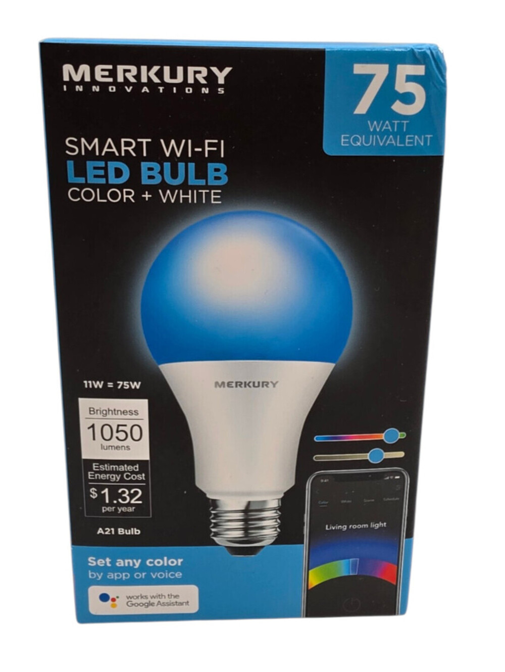 Merkury A21 Smart WIFI 11W LED Bulb Color + White 75 Watt Equivalent 1050 Lumens